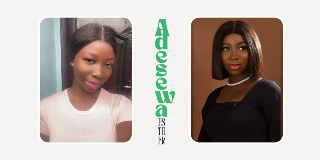 before and after picture of black african woman in casual wear on the left and professional wear on the right